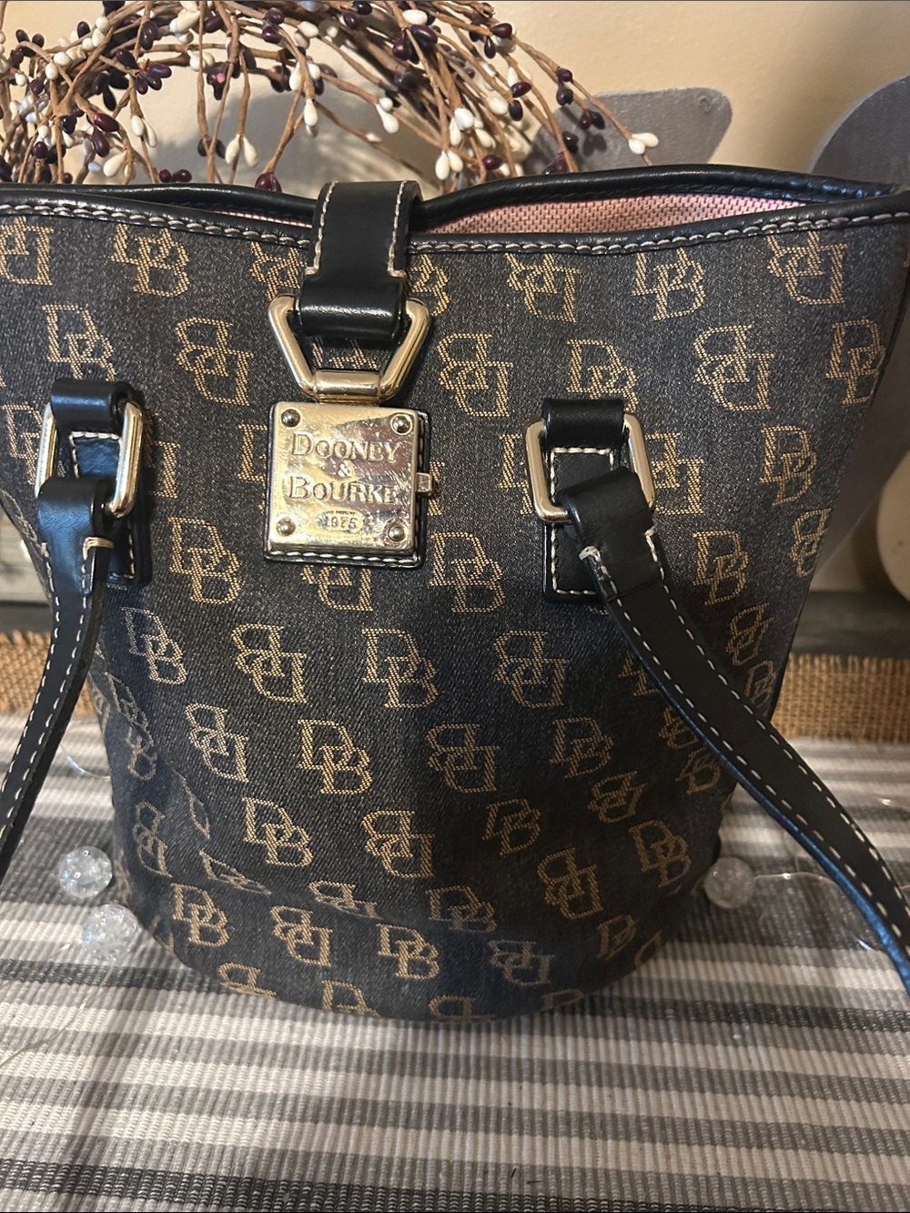 Dooney & Bourke Brown & Black Signature Logo Tote with Gold Plaque - Picture 2 of 7